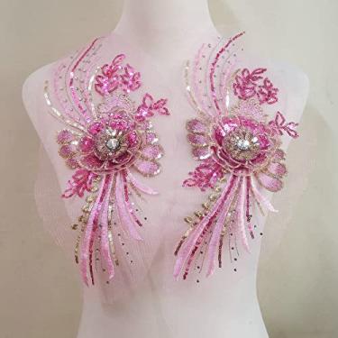 Imagem de Remendo bordado de tule com contas de tule e aplique de flor para roupas vestido de casamento renda tecido DIY decoração (roxo claro rosa)