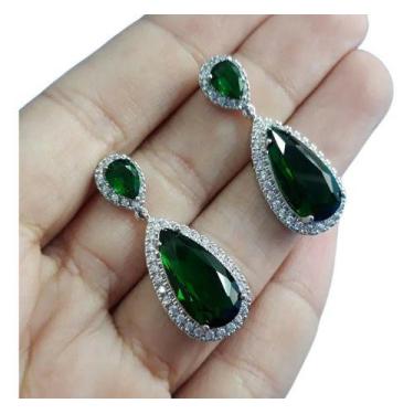 Imagem de Brinco Pedra Zirconia Prata Festa Gota Verde Debutante - De Castro joi