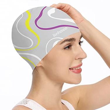 Imagem de Jonhasoo Touca de natação de silicone para mulheres, touca de natação de cabelo longo impermeável com estampa de listras coloridas