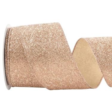 Imagem de Ribreeze 6,3 cm × 10 jardas ouro rosa fita de glitter com fio para topper laço, guirlanda de Natal, decoração de árvore, embrulho de presente