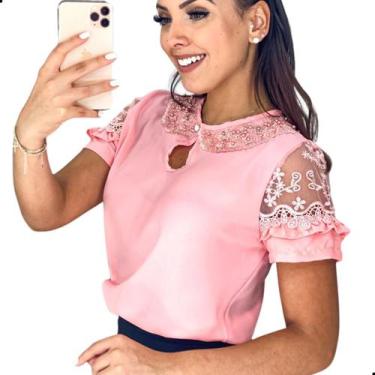 Imagem de Blusa Feminina Social Evangélica Manga Renda Guipir Pérolas - Look Mod