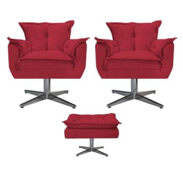 Imagem de Kit 02 Poltronas e Puff Opala Base Giratória de Metal Suede Vermelho -