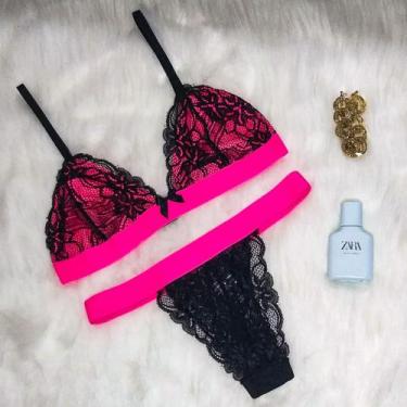 Imagem de Conjunto Calcinha e Sutiã em Renda sem bojo com Elástico Neon - Mix Li