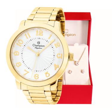 Imagem de Relógio Feminino Dourado Champion Elegance CN25118W Prova D Agua + Colar e Brincos