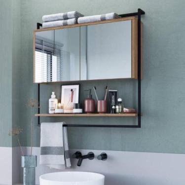 Imagem de Espelheira Banheiro 80cm com Prateleira 3 Nichos e Toalheiro - Placa e