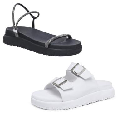 Imagem de Novo Hábito, Kit 2 Sandália Feminina Papete Tiras Strass & Papete Fivela Cor:Preto e Branco;Tamanho:40
