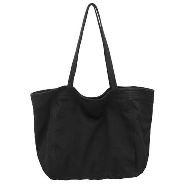 Imagem de Bolsa econômica de lona de algodão, bolsa de ombro feminina Hobo, bolsa transversal com 3 bolsos externos, fecho de zíper, Sacola 1 - preta, 14.1" x 7.8" x 13.3", Casual
