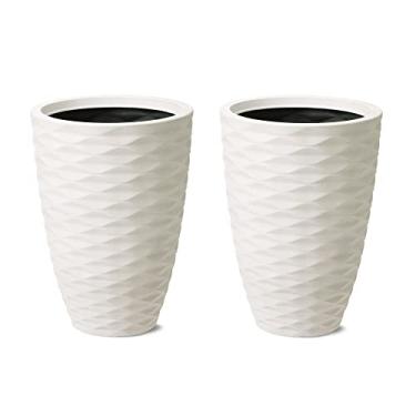 Imagem de Glitzhome Conjunto de 2 vasos de plantas de poliresina ao ar livre, decoração moderna, grandes recipientes de jardinagem altos vasos de flores, bege areia