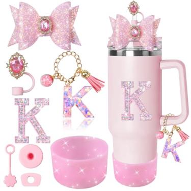 Imagem de XIANGYUAN Conjunto de 8 peças de acessórios rosa brilhante para copo Stanley Cup 850 g 1,134 g com alça, incluindo tampa de cobertura de palha de silicone, tampa à prova de derramamento, pingente de