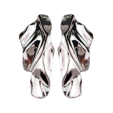 Imagem de Brincos de textura geométrica de declaração para mulheres meninas, brincos grandes de moda irregular minimalista de metal simples modernos, retangulares grandes hipoalergênicos, brincos de folha na moda, joias presentes prata e ouro, Large, Zinco, Sem pedra preciosa