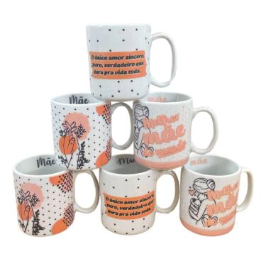 Imagem de Jogo 6 canecas 300ml Frases Mãe Kit Porcelana Decoração Poá