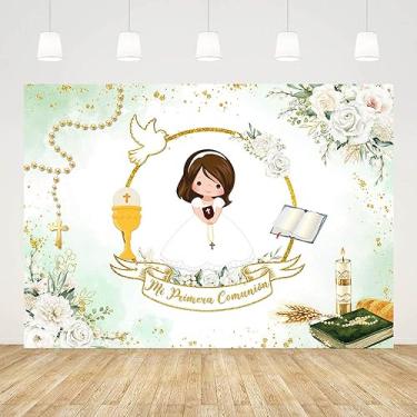 Imagem de AIBIIN 2,1 x 1,5 m Mi Primera Comunion pano de fundo para meninas, batismo, Deus abençoe, primeira comunhão, decorações de festa batizado Mi Bautizo verde dourado com glitter, faixa de festa, adereços