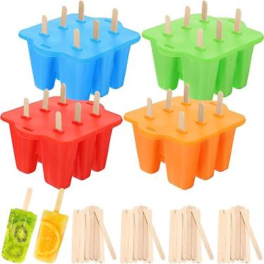 Imagem de Hoolerry O conjunto de moldes de picolé inclui 4 peças de moldes de sorvete congelado de silicone e 200 peças de palitos para fazer doces caseiros, vermelho, azul, verde, laranja (6 cavidades)