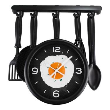 Imagem de Relógio Parede Cozinha Criativo Talheres Frigideira Preto