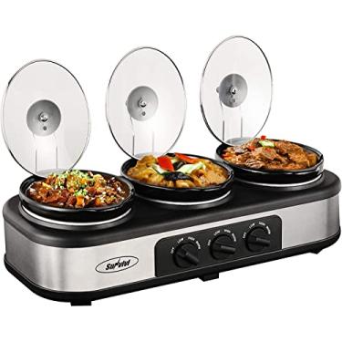 Imagem de Sunvivi Slow Cooker, Triple Slow Cooker Buffet Server and Food Warmer, 3-Section 1.5-Quart Upgraded Oval Ceramic Pot with Stainless Steel Lid Rests, 3 Spoons, Total 4.5 QT