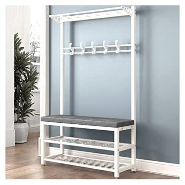 Imagem de Cabideiro, sapateira, 4 em 1, árvore com banco e armazenamento de sapatos para entrada, suporte resistente, suporte para casacos, móveis industriais, com moldura de metal