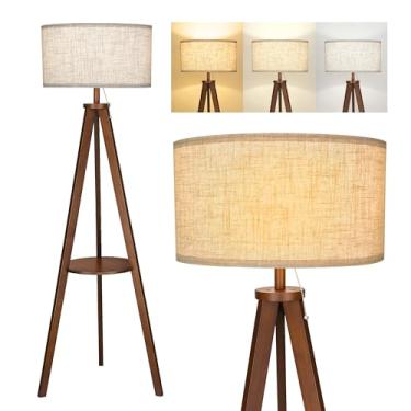 Imagem de ELYONA Luminária De Chão Tripé De Madeira Maciça Com 3 Temperaturas De Cor Led Blub, Luminária Alta De Pé Com Mesa, Luminária De Chão De Leitura De Canto Moderna De Meados Do Século Para Sala De Est