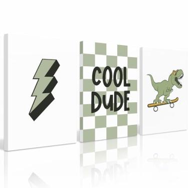 Imagem de Conjunto de 3 impressões de arte de parede de dinossauros de berçário, decoração de parede em tela para quarto de meninos, crianças, impressões de arte de parede de dinossauro, skate, fotos, pôster