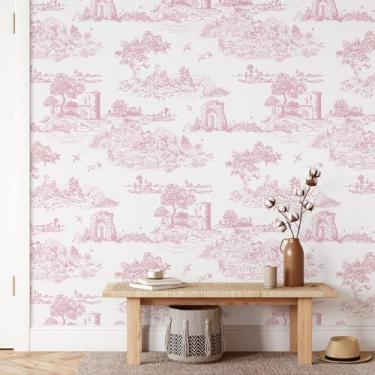 Imagem de WENMER Papel de parede rosa para quarto, papel de parede autoadesivo branco e rosa vintage francês country para quarto de meninas, papel de contato higiênico para armário 45 x 1,000 cm