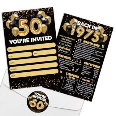 Imagem de REWIDPARTY Convites de aniversário de 50 anos de ouro preto com envelopes e adesivos (conjunto de 15) Back in 1974 Preencha convites Happy 50th Birthday Convite Cards 50 Years Old Birthday Party