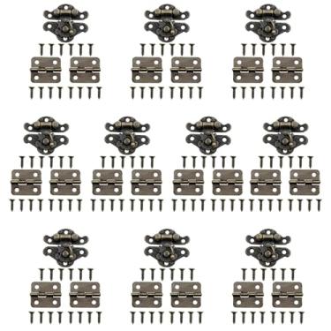 Imagem de XZW Dobradiças e travas de bronze para caixa de joias pequenas dobradiças para caixa de madeira para ferragens de caixa de joias, 10 peças, trava direita e 20 peças, kit de parafusos correspondentes