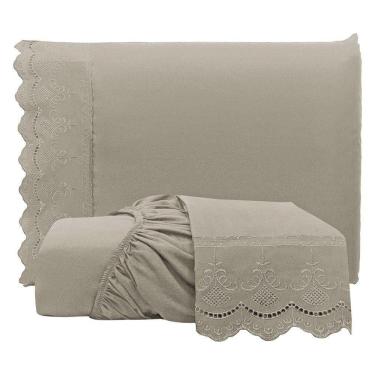 Imagem de Jogo De Lençol Queen Bordado Ingles Micropercal 300 Fios Toque De Algodão 3 Peças - Fendi