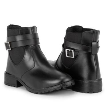 Imagem de Bota Coturno Feminino Cano Curto Salto Quadrado Fivela Lateral Preto e Marrom-Feminino