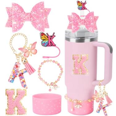 Imagem de Conjunto de acessórios de copo com inicial para copo Stanley de 850 g de 1,134 g, incluindo capa de palha de carta de borboleta, decorações de laço, adesivo de letra, pulseira de cristal, pingente de