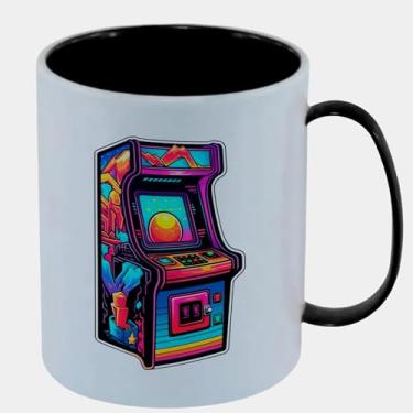 Imagem de Caneca Branca com Interna Preta de Polímero 325ml - FLIPERAMA NEON RETROWAVE