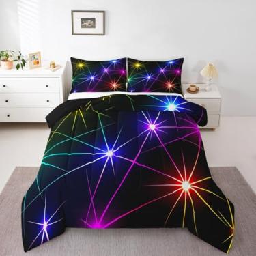 Imagem de Feelyou Conjunto de cama solteiro geométrico cintilante, conjunto de edredom com luz neon e sabre de luz, para decoração de quarto de meninos e adolescentes, 2 peças