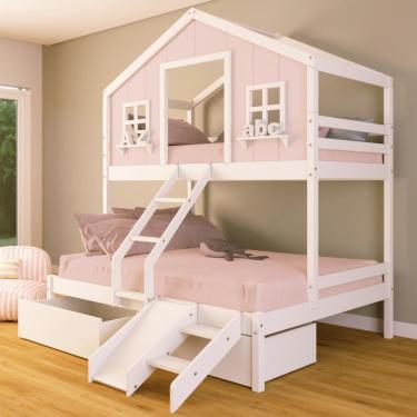 Imagem de Beliche Casal/ Solteiro Casinha dos Sonhos com Escada/ Escorregador e 02 Gavetas Madeira Maciça Rosa/ Branco Housin