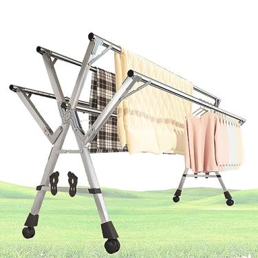 Imagem de CUTPOIY Estante de secagem de roupas dobrável para lavanderia, organizador de lavanderia, rack de secagem de aço inoxidável com 5 varas, economiza espaço, suporte de lavanderia com rodas (160 cm/63