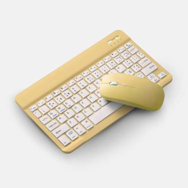 Imagem de Kit Mini Teclado + Mouse Sem Fio Bluetooth, Recarregável USB, Teclado Padrão Brasileiro, Slim, Ergonômico, Portátil, Compatível com Tablet, Celular, Smartphone, Notebook, iPhone, iPad. (Amarelo)