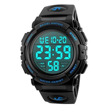 Imagem de Relógio masculino com mostrador grande e multifunções para atividades ao ar livre, relógio de pulso digital de LED militar, relógio de borracha preta e alarme., Azul, men's Standard