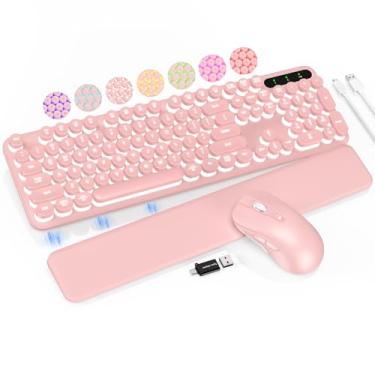 Imagem de Teclado e mouse sem fio retroiluminados – Teclado de máquina de escrever com teclas redondas retrô, descanso de pulso destacável, letras iluminadas, combo recarregável de 2,4 G para Mac, Windows, PC