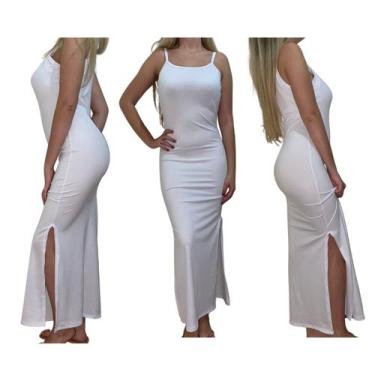 Imagem de Vestido Canelado Longo com Fenda - Empório J, Branco, ÚNICO