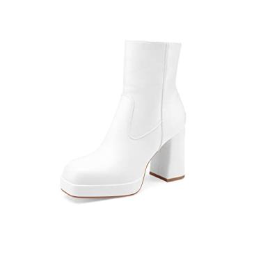 Imagem de Oh Mispares Botas Femininas Plataforma Salto Alto Grosso Cano Curto Couro Branco Confortável Gogo Bico Quadrado Zíper Lateral (Branco, 8)
