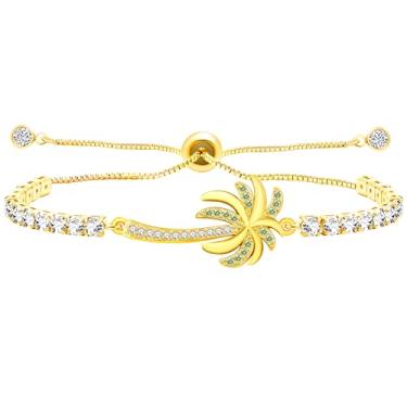 Imagem de Oneress Pulseira de tênis banhada a ouro, design bolo ajustável, pingente de palmeira para férias na praia, joia de verão boho presente YA5105, Cubic Zirconia Tennis Bracelet, Latão, Zircônia cúbica