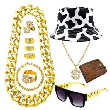 Imagem de Kit de fantasia hip hop anos 80s 90 Cool Rapper Bucket Hat Acessórios símbolo dólar corrente dourada unissex, Metal, Sem Pedra Preciosa