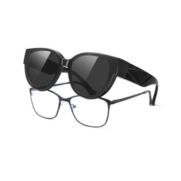 Imagem de Meeloog Óculos de sol femininos Fit Over Glasses Designer Round Cateye Polarizados Go Over Glass Proteção UV400 MST0188, Lente cinza com armação preta, Medium