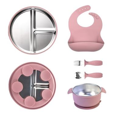 Imagem de Aço Inoxidável E Tigela Para Bebé | com Divisões para Bebés, Taça, Garfo, Colher e Avental Inclusos - Utensílios de Desmame sem Chumbo Laváveis na Máquina de Lavar