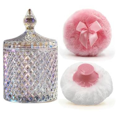 Imagem de Recipiente de pó de vidro de luxo de 10 cm com 2 puffs de pelúcia | Organizador não selado para pó corporal e maquiagem | Aplicador de pó com armazenamento solto (cilindro pontiagudo - cores