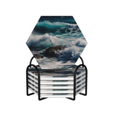 Imagem de Porta-copos para bebidas, conjunto de 6 porta-copos redondos absorventes de cerâmica antiderrapante com suporte e base de cortiça Tapete reutilizável para copos de ondas de água para tipos de xícara