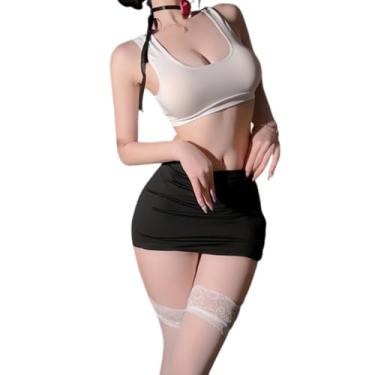 Imagem de QNCLO Saia feminina cosplay secretaria boate sexy abraçando o quadril anime professor cosplay roupa íntima, Preto e branco 4, Tamanho Único