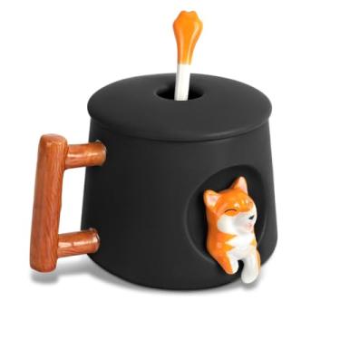 Imagem de YLOKO Linda caneca de cerâmica Shiba Inu com tampa e colher, canecas de café de 400 ml, copo de cachorro fofo para café, chá, leite, presentes adoráveis para amantes de cães, crianças, amigos - preta