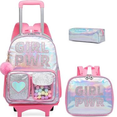 Imagem de MYHSBYO Mochila com rodinhas sereia para crianças, mochila com rodas para escola primária infantil conjunto de 4 peças, Rosa Pwr