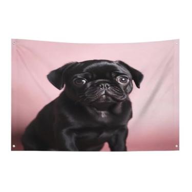 Imagem de Bandeira com quatro furos bandeiras para todos os climas bonito preto pug impresso banner decorativo bandeiras de poliéster adequadas para uso interno e externo 89 x 159 centímetros