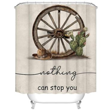 Imagem de RnnJoile Cortina de chuveiro ocidental cortina de banho sudoeste vintage roda de carroça cacto e chapéu de cowboy decoração de banheiro com ganchos 183 cm x 183 cm