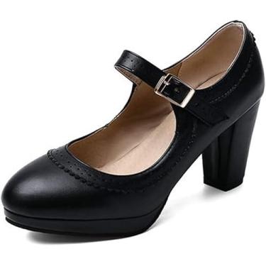 Imagem de Sapatos Oxford Mary Jane Oxford Com Bico Redondo Perfurado Salto Médio Oxfords Sapatos De Vestido Plataforma Retrô Rockabilly Com Tira No Tornozelo, Black, 2 UK