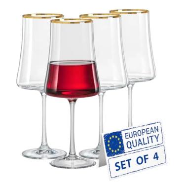 Imagem de Biandeco Taças de vinho de cristal Bohemia Gold Rim – Taças de cristal de corte de haste longa de 382 g, conjunto de 4, elegantes copos de cristal boêmio sem chumbo